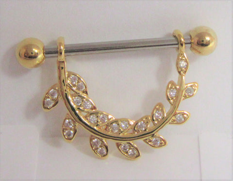 18k Gold Plated Crystal Vine Loop Nipple Hoop Shield Barbell 14 gauge