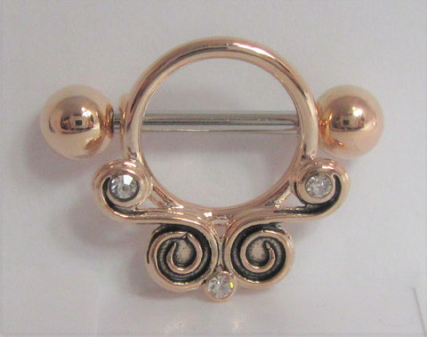 18k Rose Gold Plated Ornate Crystal Swirls Nipple Hoop Shield Barbell 14 gauge