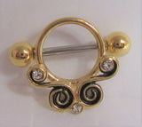 18k Gold Plated Ornate Crystal Swirls Nipple Hoop Shield Barbell 14 gauge 14g
