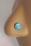 Sterling Silver Nose Stud Pin Ring Bent L Shape Sea Blue Glitter 20 gauge 20g