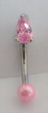 Surgical Steel Small Pink Drop Crystal Pearl VCH Hood Clit Ring Bar 16 gauge 16g