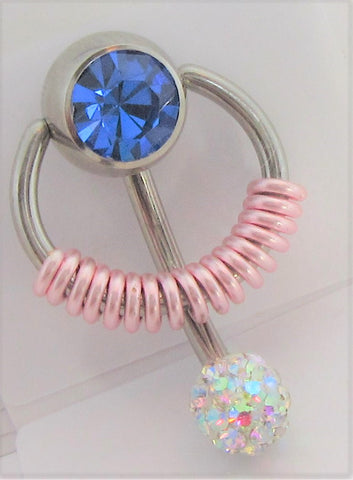 Blue Crystal Pressure Ball Pink Coiled Hoop VCH Clit Clitoral Hood Ring 14 Gauge - I Love My Piercings!