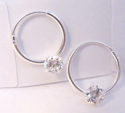 Sterling Silver Clear Crystal Solitaire Hoop Earrings - I Love My Piercings!