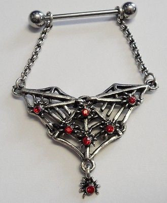 Surgical Steel Spider Web Spiders Dangle Nipple Ring CZ Red 14 gauge 14g - I Love My Piercings!