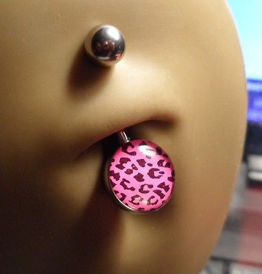 Surgical Steel Belly Ring Cheetah Print Dome style 14 gauge 14g Pink Black - I Love My Piercings!