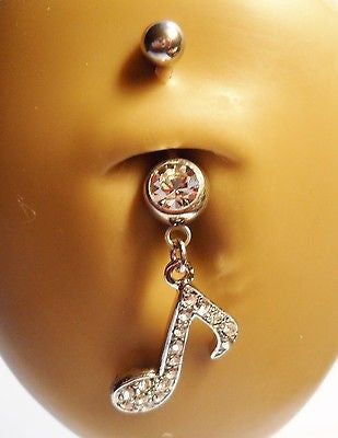 Surgical Stainless Steel Belly Ring Dangle Crystal Music Note 14 gauge 14g Clear - I Love My Piercings!