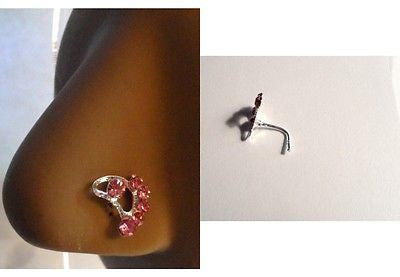 Pink Crystal Nose Ring Stud Pin L Shape Sterling Silver 20 gauge 20g - I Love My Piercings!