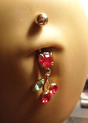 Gold Titanium Belly Ring Dangle Crystal Jeweled Red Cherry 14 gauge 14g - I Love My Piercings!