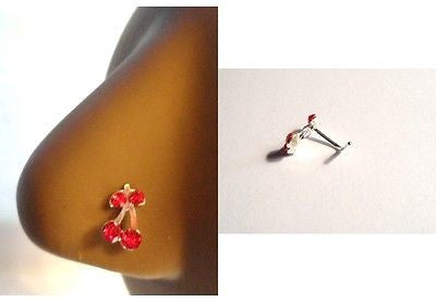 Red Cherry Crystal Nose Ring Stud Pin L Shape Sterling Silver 20 gauge 20g - I Love My Piercings!