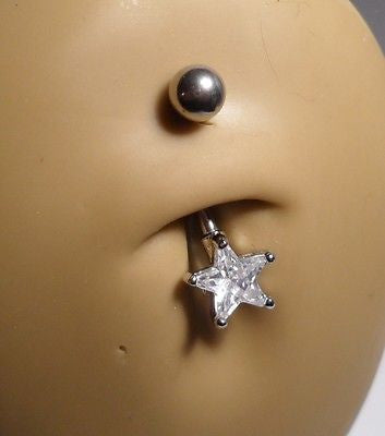Surgical Steel Belly Ring Curved Barbell Jeweled Clear Crystal Star 14 gauge 14g - I Love My Piercings!