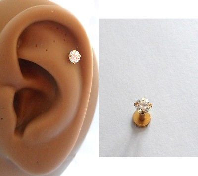Gold Titanium Clear Crystal Helix Cartilage Stud Barbell Post 16 gauge 16g - I Love My Piercings!