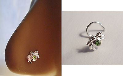 Spider Nose Screw Twisted Curled Ring Post Green Crystal 20 gauge 20g - I Love My Piercings!