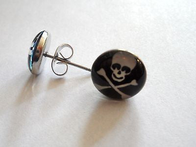 Pair Skull Crossbones Dome Earrings Studs Surgical Steel 18 gauge 18g - I Love My Piercings!