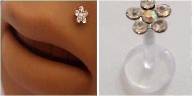 Bioplast Flexible CRYSTAL Flower Lip Stud Ring Post Gem 16 gauge 16g CLEAR - I Love My Piercings!