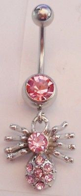 Surgical Steel Pink Spider Belly Ring Barbell Dangle Crystal Gem 14 gauge 14g - I Love My Piercings!