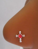 Sterling Silver Nose Stud Pin Ring L Shape Crystal Cross 20g 20 gauge Red - I Love My Piercings!
