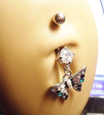 Surgical Steel Belly Ring Barbell Jeweled Crystal Tribal Butterfly 14 gauge 14g - I Love My Piercings!