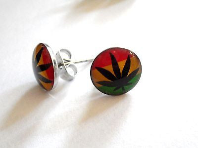 Pair Rasta Pot Leaf Dome Earrings Studs Surgical Steel 18 gauge 18g - I Love My Piercings!