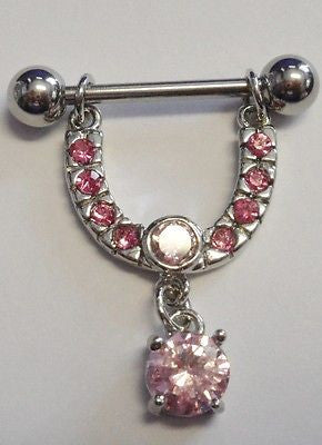 Surgical Steel Crystal Pink Dangle Nipple Ring Barbell 14 gauge 14g - I Love My Piercings!