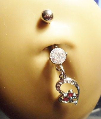 Surgical Steel Belly Ring Barbell Jeweled Crystal Heart Dangle 14 gauge 14g - I Love My Piercings!