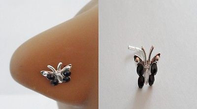 Sterling Silver Nose Stud Pin Ring L Shape Crystal Butterfly 20g 20 gauge Black - I Love My Piercings!