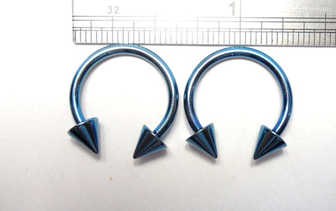 Pair Blue Titanium Horseshoes Spikes Spiked Hoops 14 gauge 14g 12 mm Diameter - I Love My Piercings!