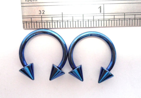 Pair Dark Blue Titanium Horseshoes Spikes Spiked Hoops 14 gauge 12 mm Diameter - I Love My Piercings!