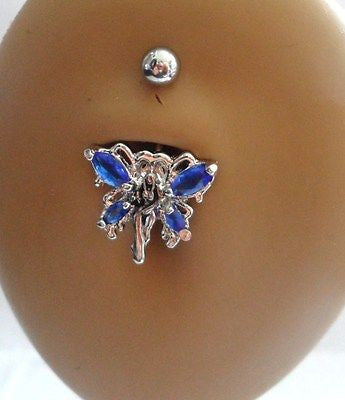 Surgical Steel Belly Ring Tinkerbell Fairy Crystal 14 gauge 14g Dark Blue - I Love My Piercings!