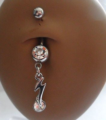 Surgical Steel Belly Ring Lightening Bolt Crystal Drop 14 gauge 14g Clear - I Love My Piercings!