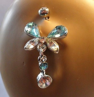 Surgical Steel Belly Curved Ring Butterfly Blue Clear Crystals 14 gauge 14g - I Love My Piercings!