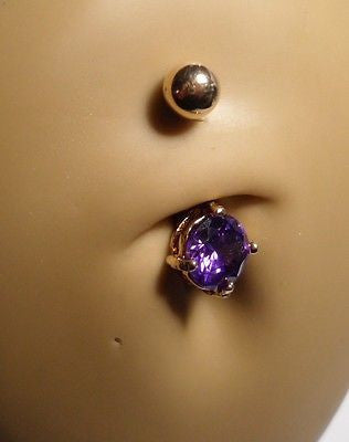 Gold Titanium Belly Ring Round Cut Solitaire Amethyst Crystal 14 gauge 14g - I Love My Piercings!