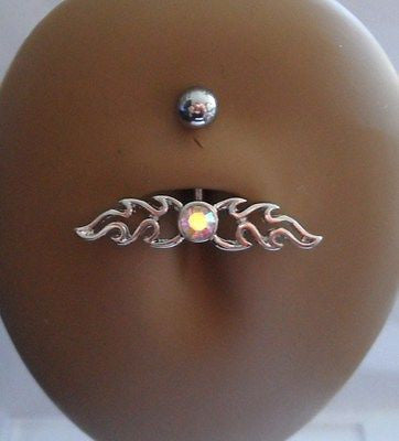 Surgical Steel Tribal Flame Belly Ring Crystal Gem 14 gauge 14g Iridescent - I Love My Piercings!