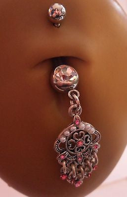 Surgical Steel Belly Ring Pink Crystals Faux Pearl  Dangle 14 gauge 14g - I Love My Piercings!