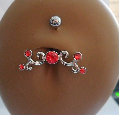 Surgical Steel Tribal Wave Belly Ring Barbell Red Crystal Gem 14 gauge 14g - I Love My Piercings!