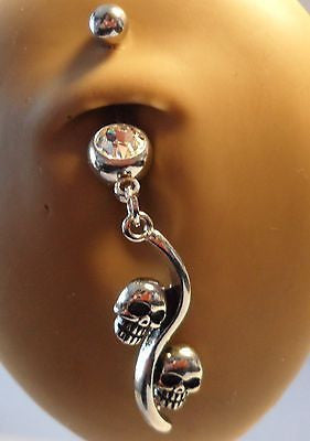 Surgical Steel Belly Ring Curved Barbell Dangle Skull Skulls 14 gauge 14g - I Love My Piercings!