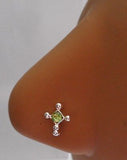 Sterling Silver Nose Stud Pin Ring L Shape Crystal Cross 20g 20 gauge Green - I Love My Piercings!