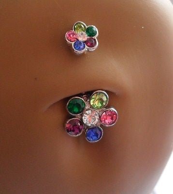 Surgical Steel Curved Barbell Belly Ring Double Flower Mosaic 14 gauge 14g - I Love My Piercings!