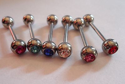 6 Piece Surgical Steel Straight Barbells Crystal Gems 14 gauge 14g - I Love My Piercings!