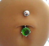 Surgical Steel Belly Ring Round Green Crystal Solitaire Claw Set 14 gauge 14g - I Love My Piercings!