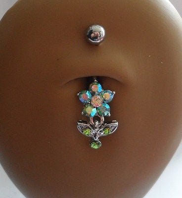 Surgical Steel Curved Belly Ring Flower Blue Iridescent Dangle 14 gauge 14g - I Love My Piercings!