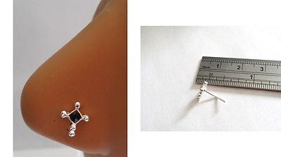 Sterling Silver Nose Stud Pin Ring L Shape Crystal Cross 20g 20 gauge Black - I Love My Piercings!