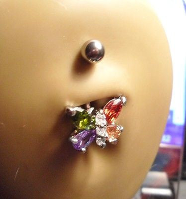 Surgical Steel Belly Ring Barbell Jeweled Mosaic Butterfly 14 gauge 14g - I Love My Piercings!