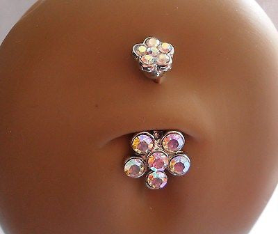 Surgical Steel Curved Barbell Belly Ring Double Flower Iridescent 14 gauge 14g - I Love My Piercings!