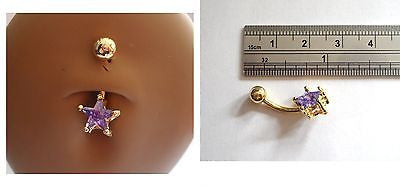 Gold Titanium Solitaire Purple Star Crystal Belly Curved  Ring 14 gauge 14g - I Love My Piercings!