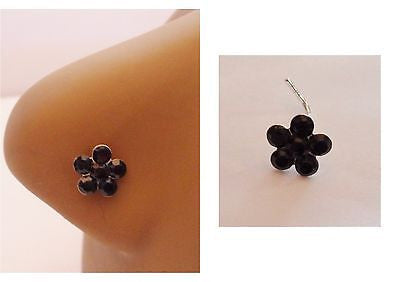 Sterling Silver Nose Stud Pin L Shape BIG Flower 20g 20 gauge Crystal Black - I Love My Piercings!