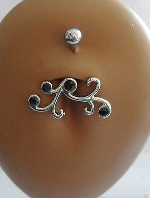 Surgical Steel Swirl Belly Ring Curved Barbell Black Crystals Gem 14 gauge 14g - I Love My Piercings!