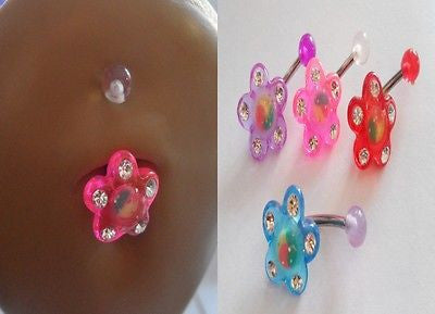4 Piece Surgical Stainless Steel Belly Ring Acrylic Flower 14 gauge 14g Crystals - I Love My Piercings!