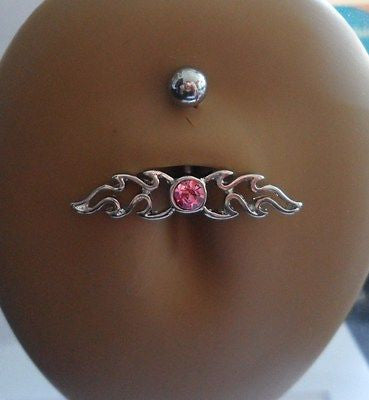 Surgical Steel Tribal Flame Belly Ring Crystal Gem 14 gauge 14g Pink - I Love My Piercings!