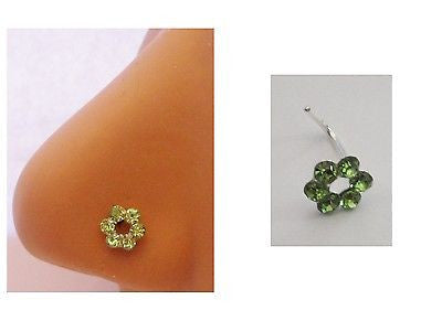 Sterling Nose Stud Ring L Shape Large Open Flower Crystal Green 20g 20 gauge - I Love My Piercings!
