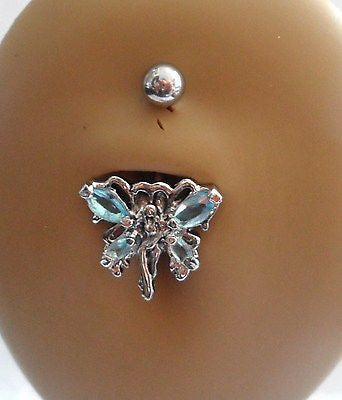 Surgical Steel Belly Ring Tinkerbell Fairy Crystal 14 gauge 14g Light Blue - I Love My Piercings!